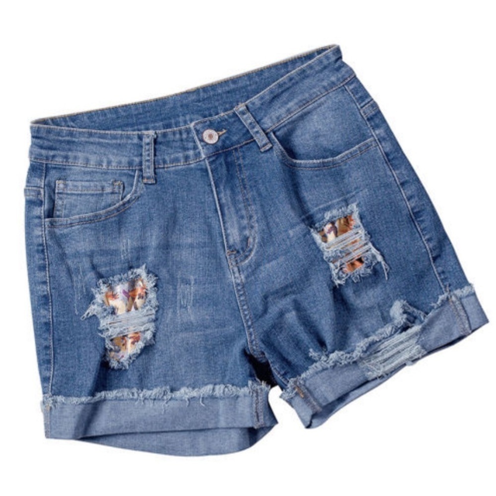 Floral Patchwork Rolled Hem Denim Shorts